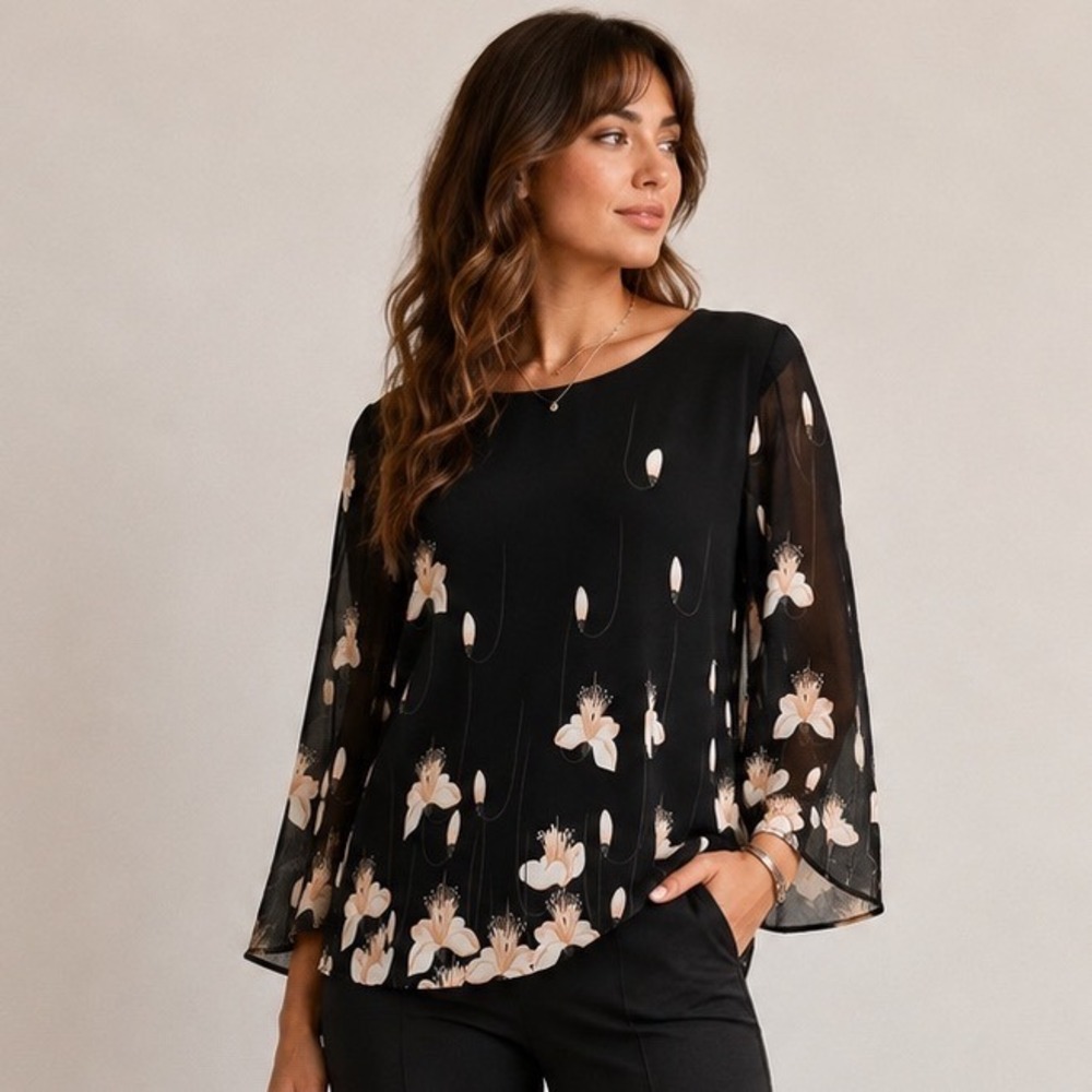 Grace Karin Blouse 2XL Black Floral Chiffon Layered Bell Sleeve Round Neck Top
